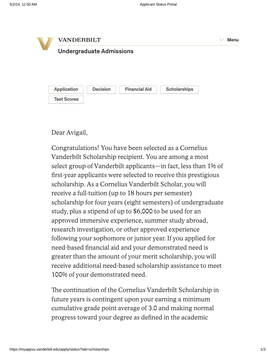 Cornelius Vanderbilt Scholarship offer