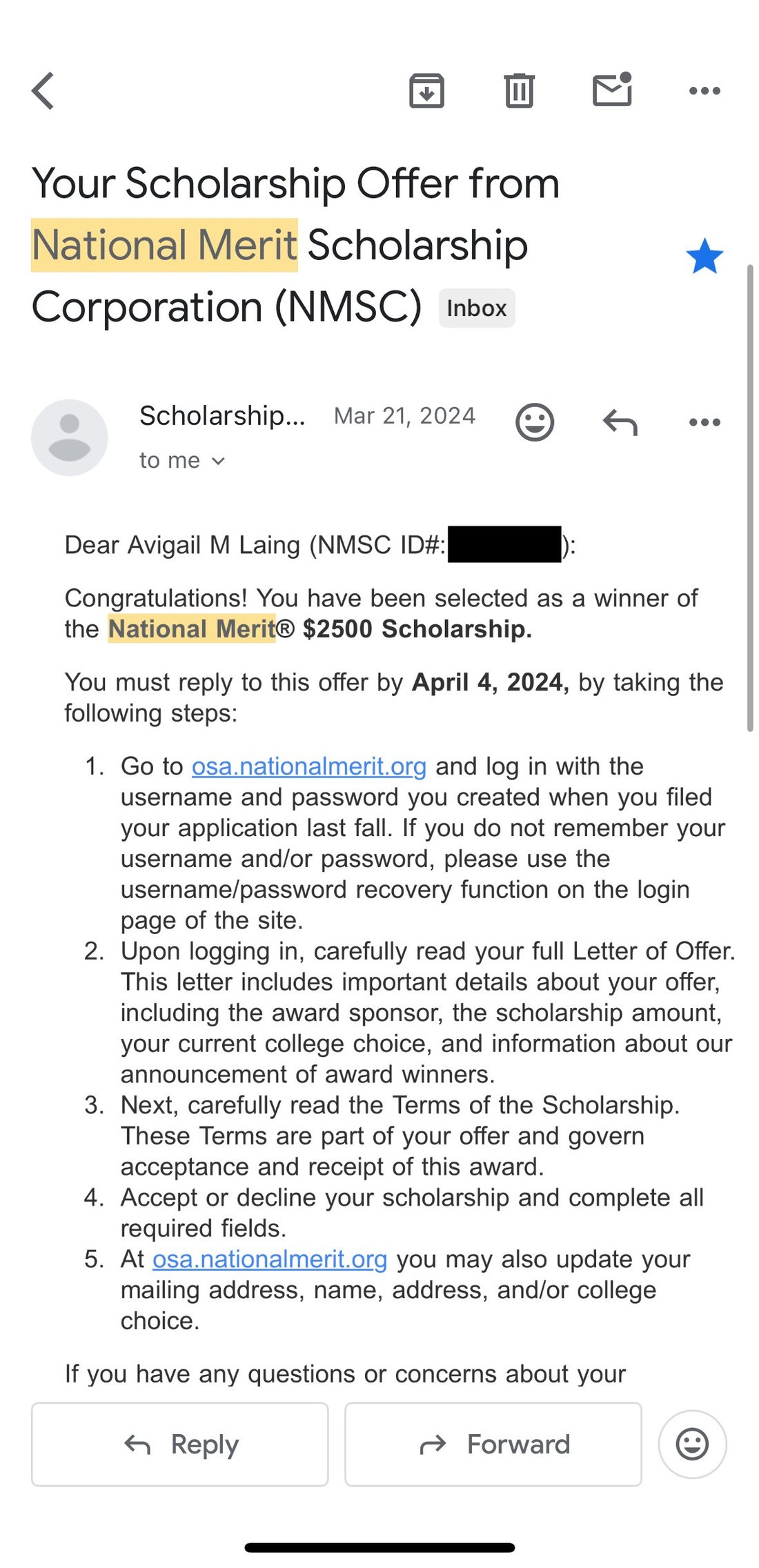 National Merit Scholarship offer