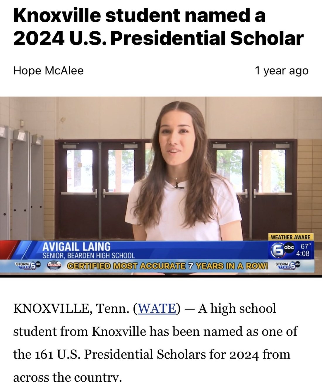 WATE News article naming Avigail a 2024 U.S. Presidential Scholar