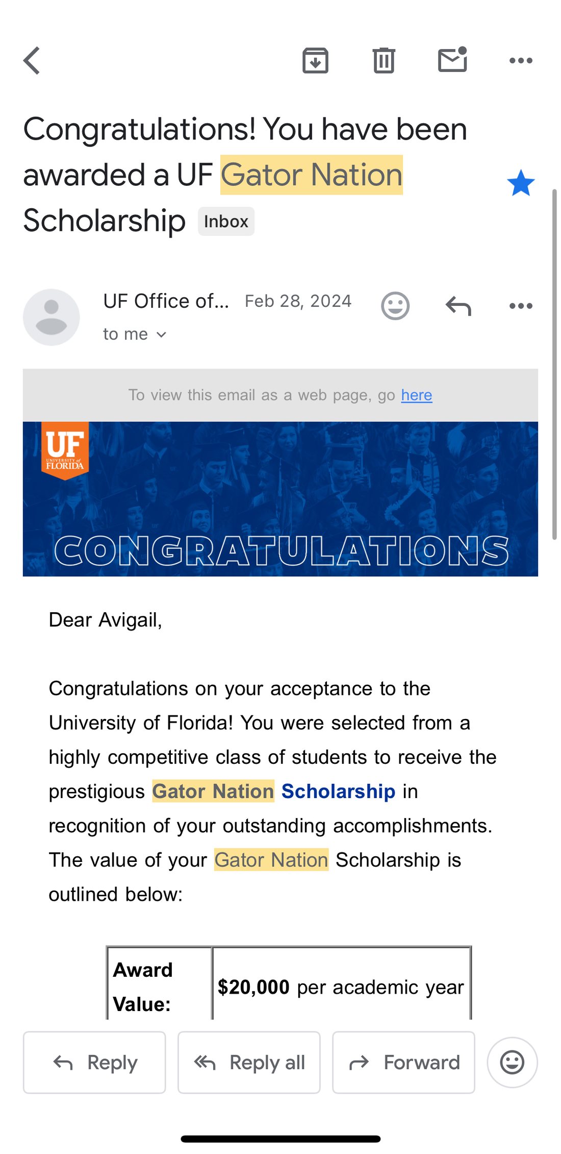 UF Gator Nation Scholarship award