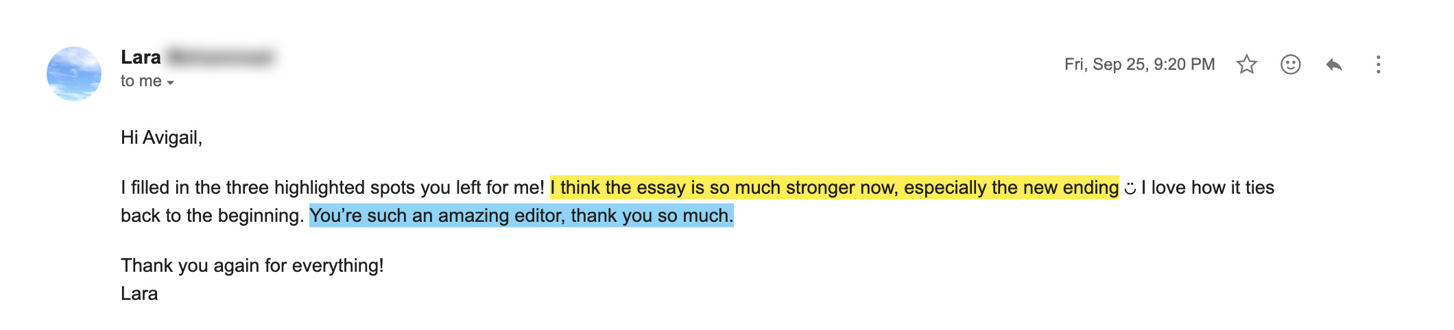 Student email after a written essay edit