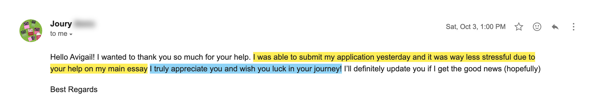 Student email after a written essay edit