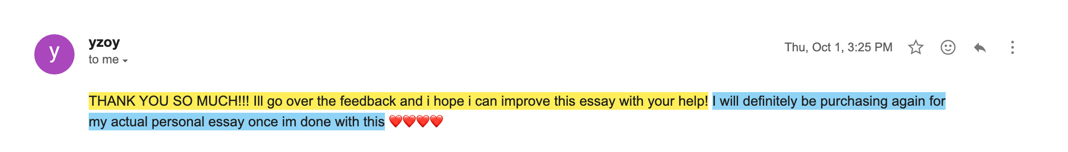Student email after a written essay edit