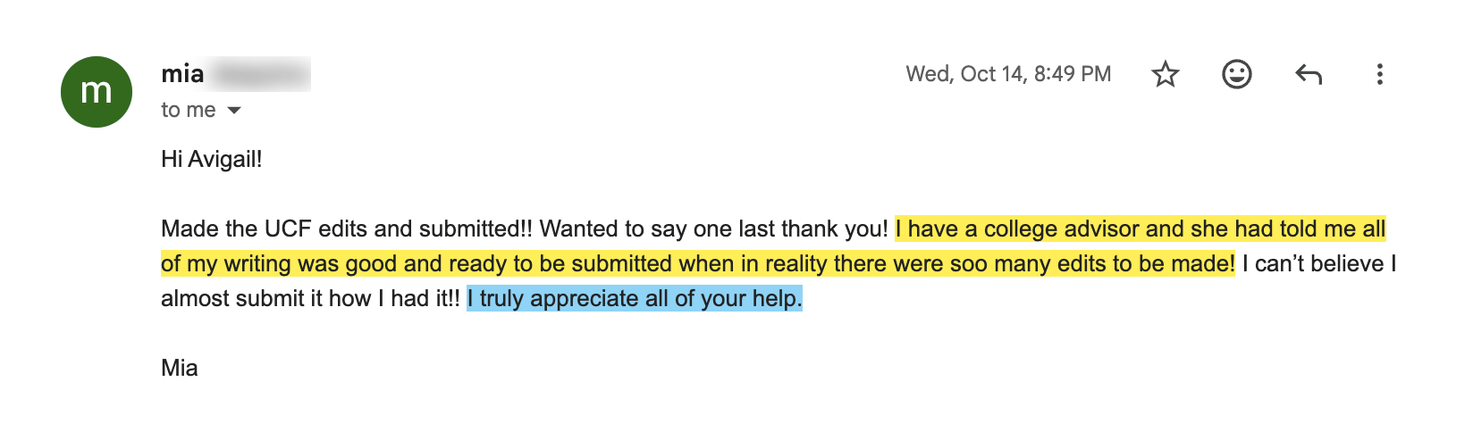 Student email after a written essay edit