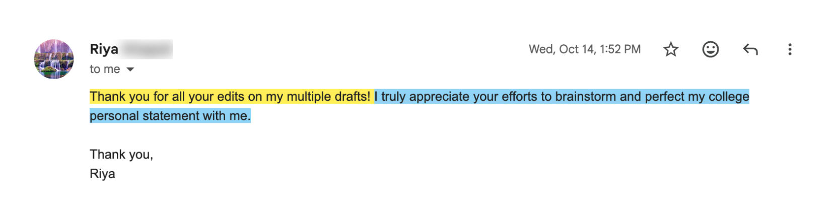 Student email after a written essay edit