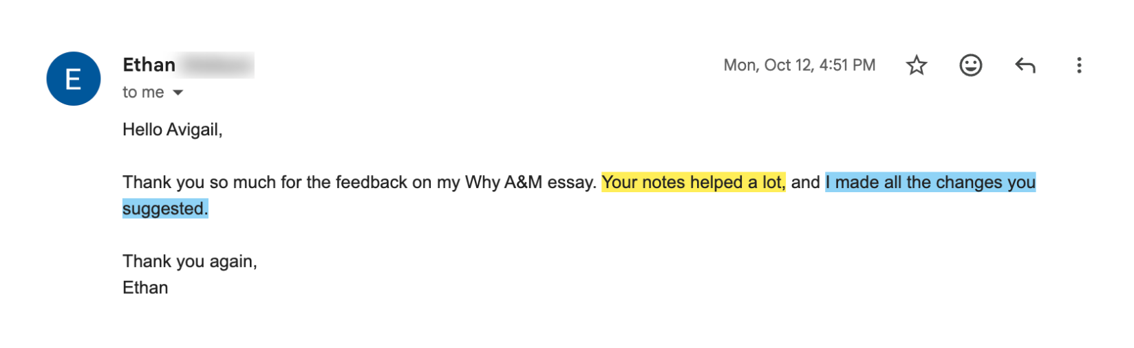 Student email after a written essay edit