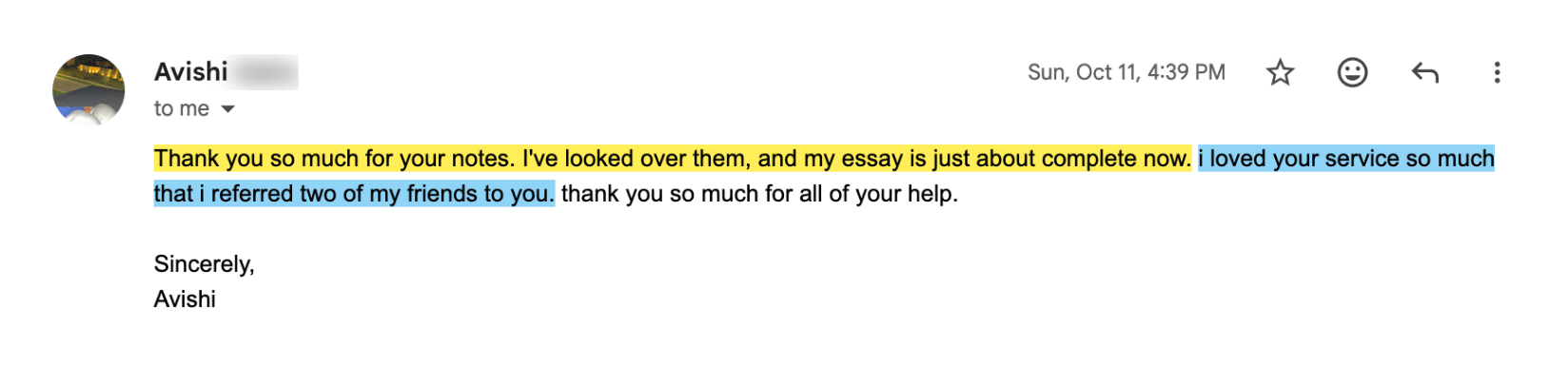 Student email after a written essay edit