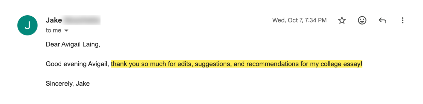 Student email after a written essay edit