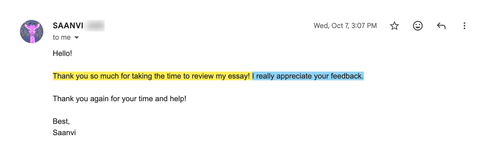 Student email after a written essay edit