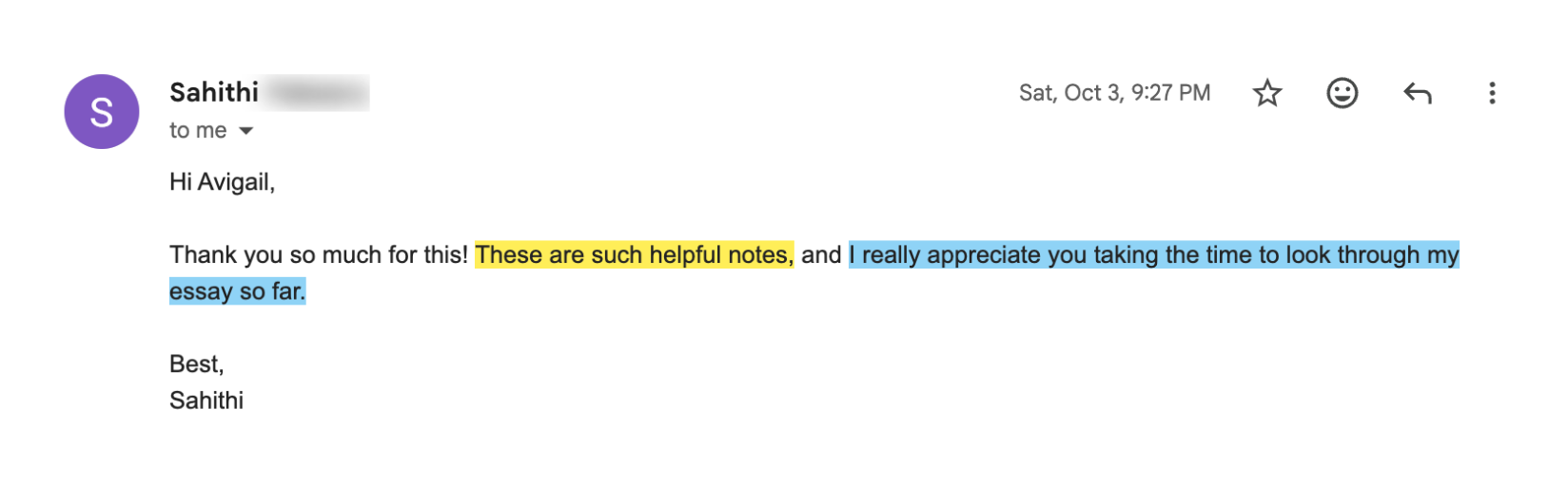 Student email after a written essay edit