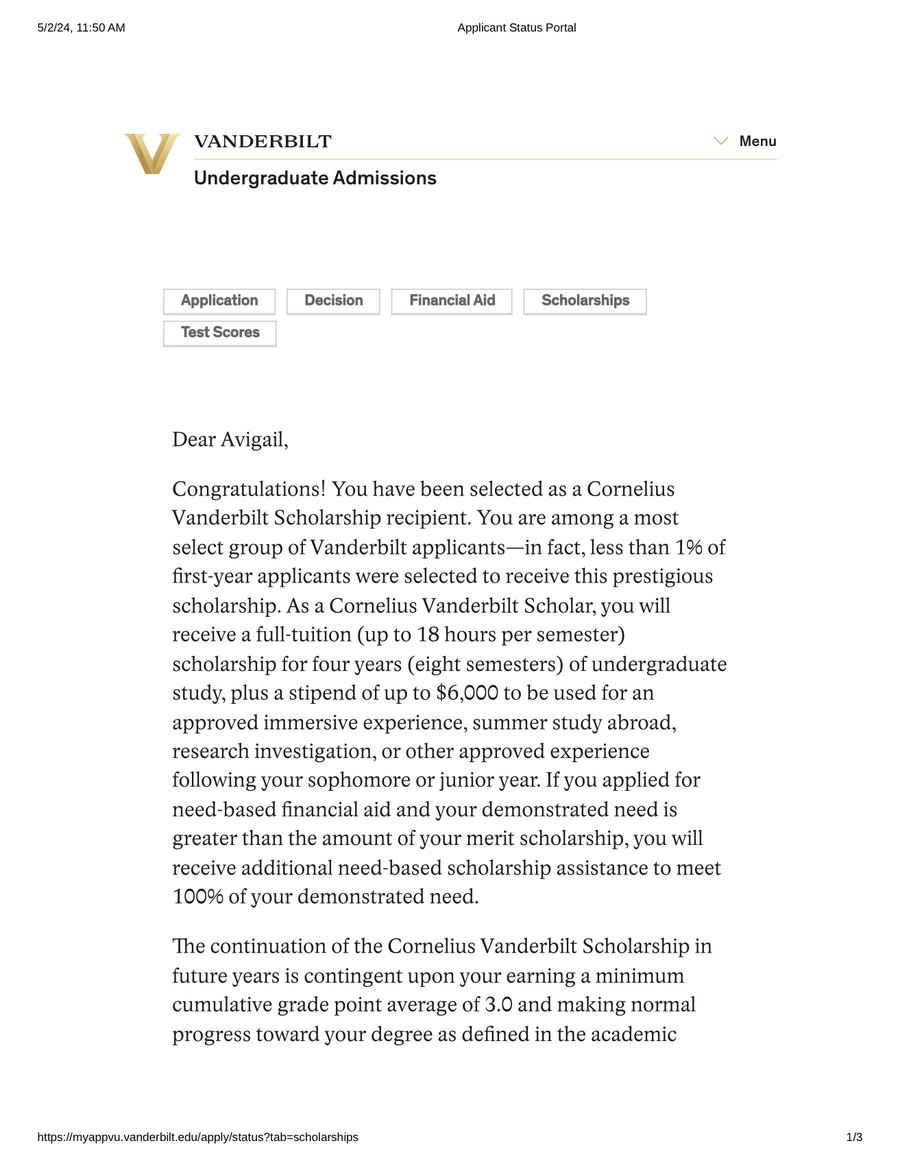 Cornelius Vanderbilt Scholarship acceptance letter