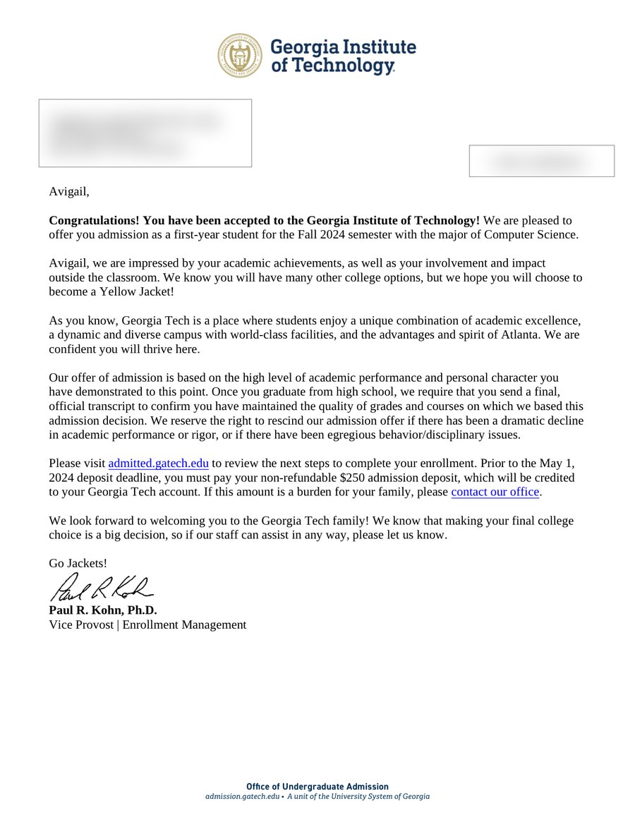 Georgia Institute of Technology acceptance letter