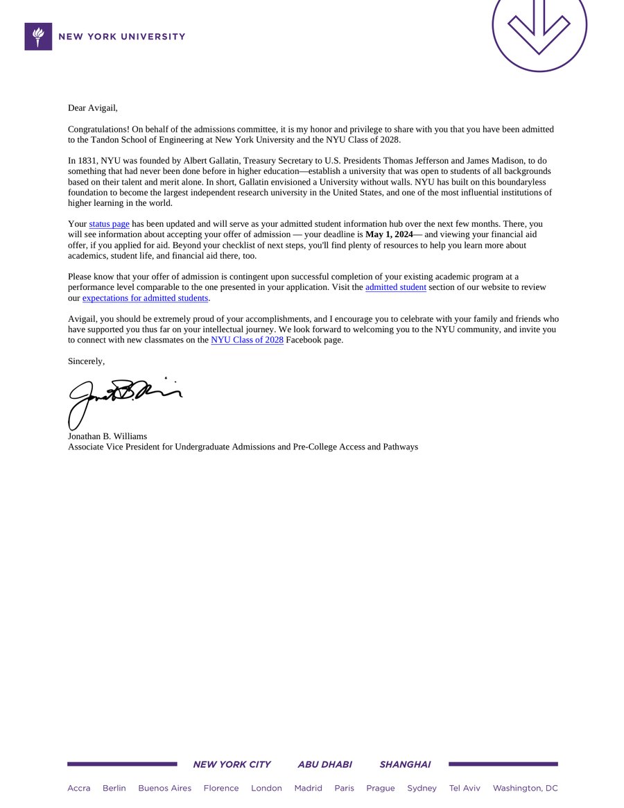 New York University acceptance letter