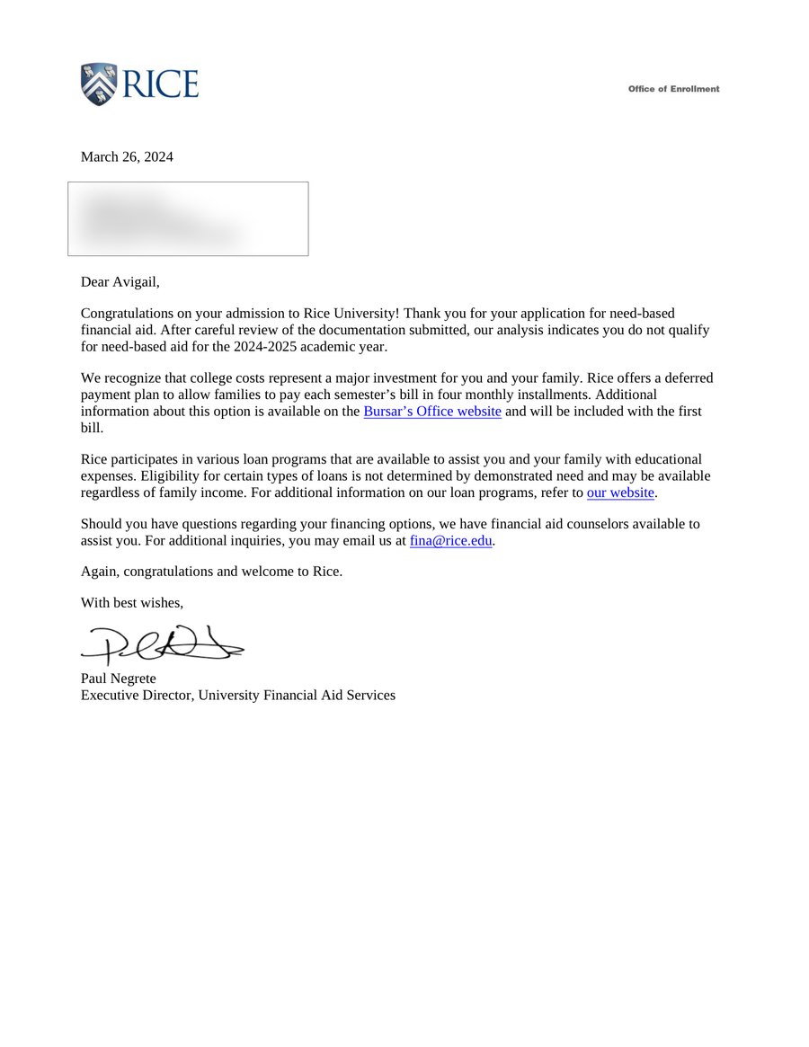 Rice University acceptance letter