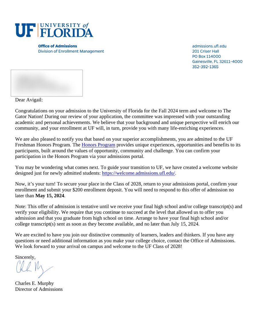 University of Florida acceptance letter