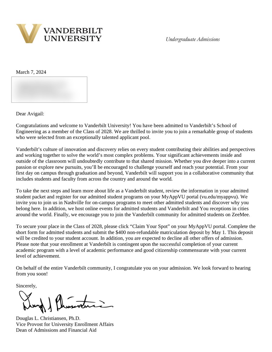 Vanderbilt University acceptance letter