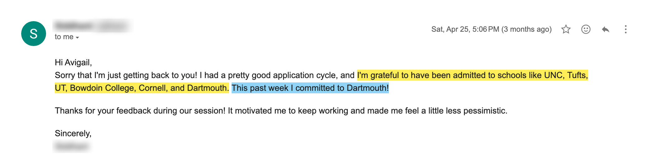 Dartmouth, Cornell and Tufts acceptance email
