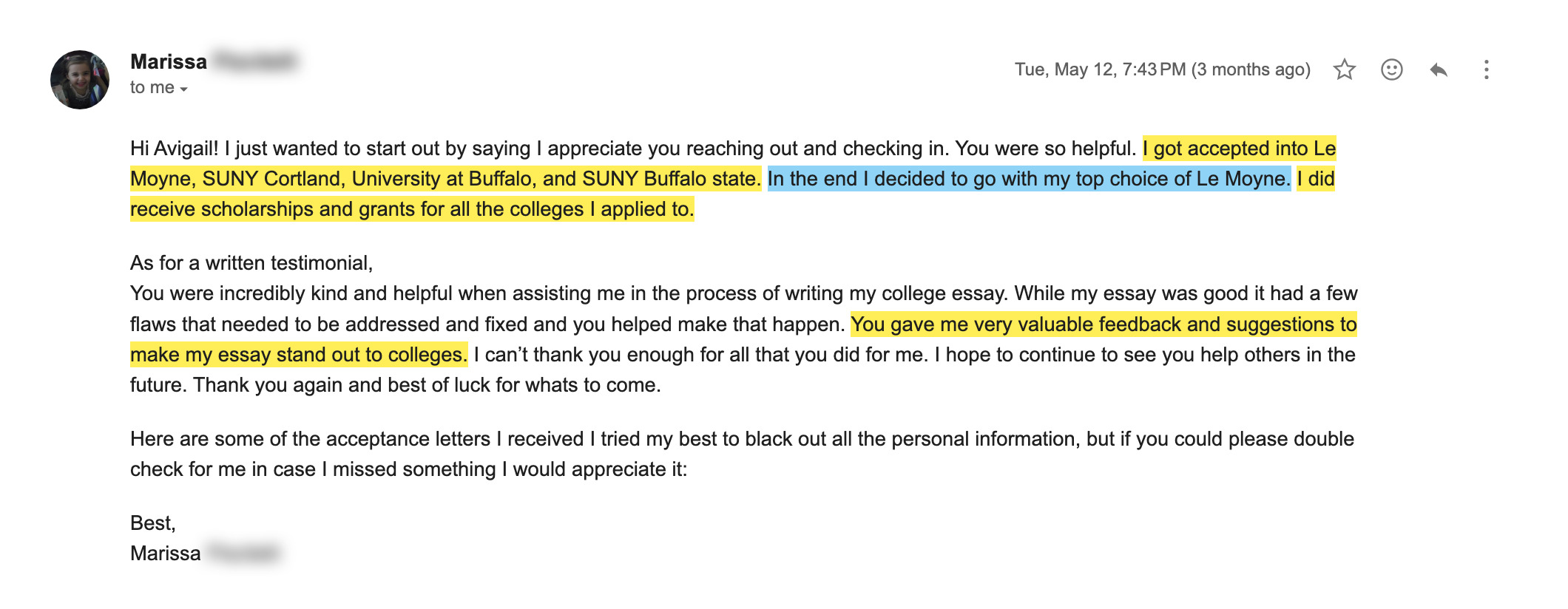 Le Moyne College acceptance email