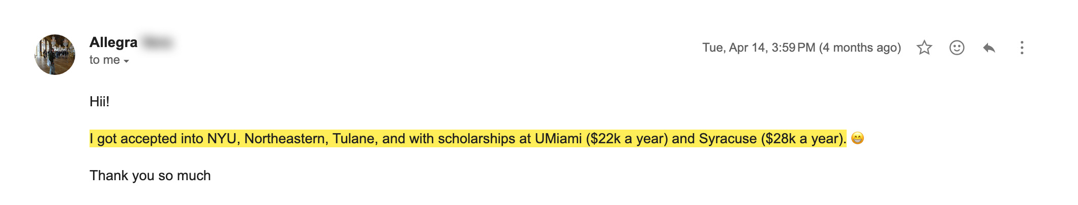 New York University acceptance email