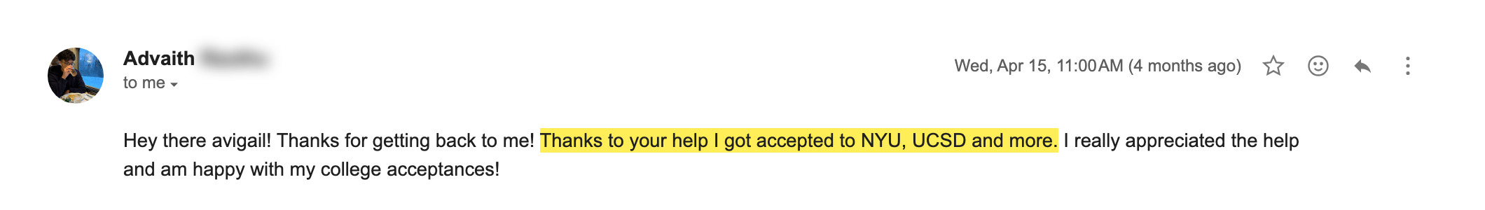 NYU and UC San Diego acceptance email