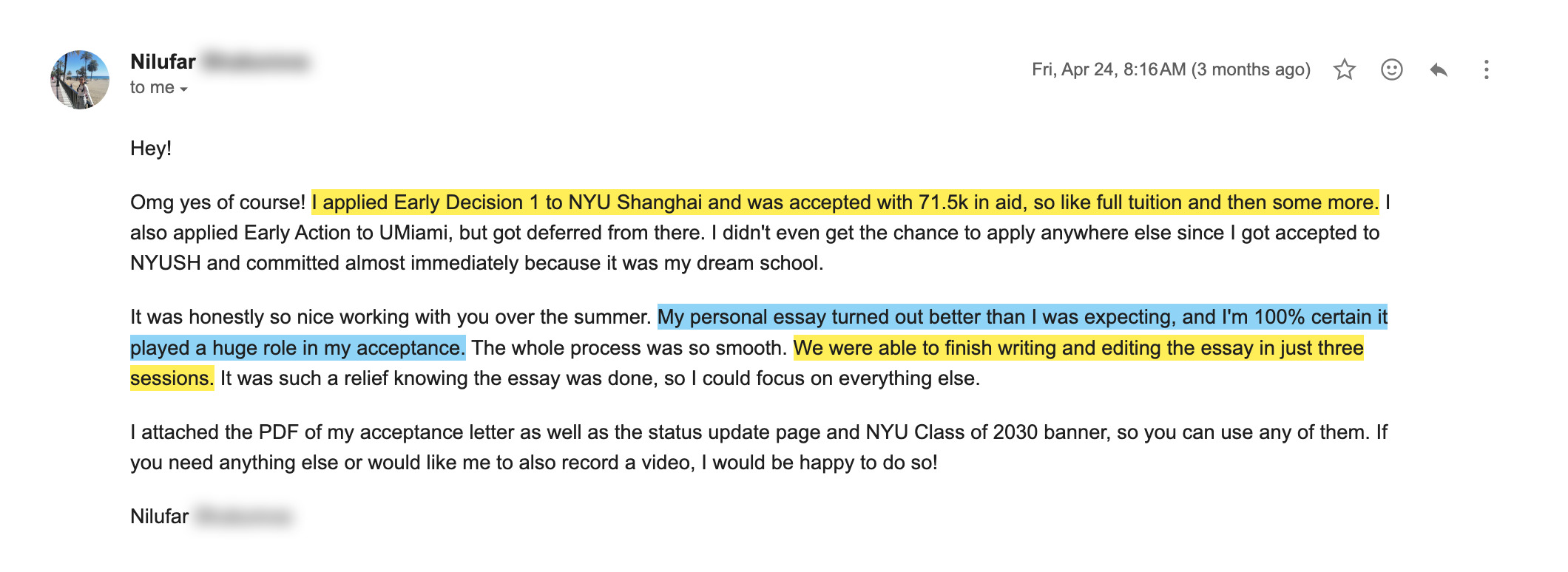 NYU Shanghai acceptance email