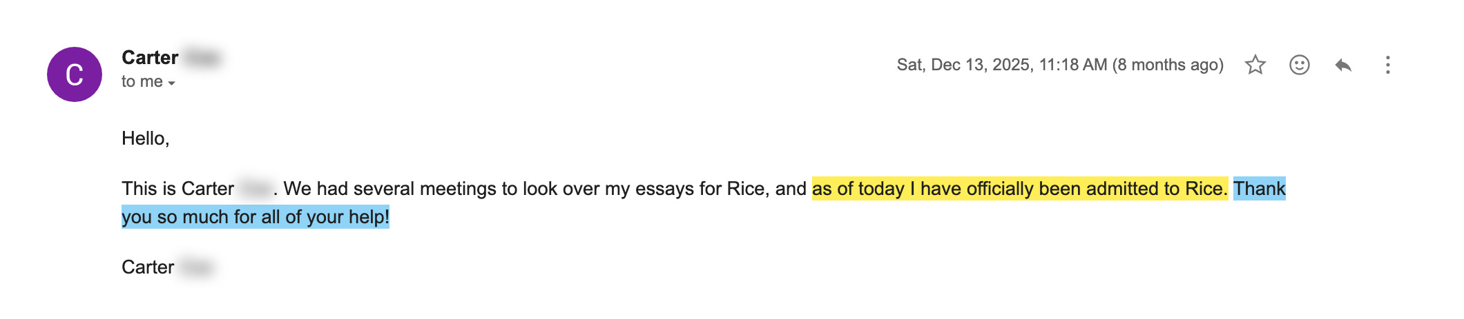 Rice University acceptance email
