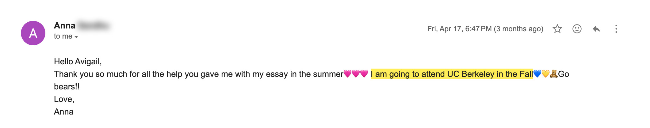 UC Berkeley acceptance email