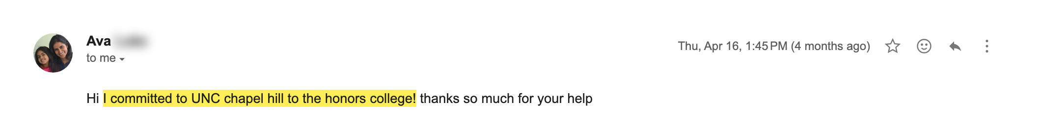 UNC Chapel Hill, Honors College acceptance email