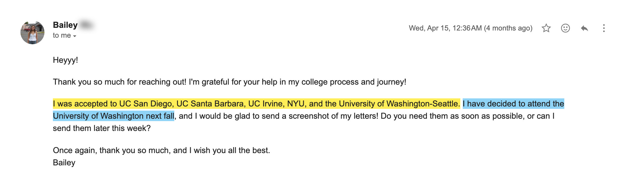 University of Washington, Seattle acceptance email