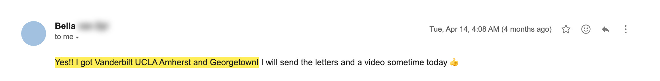 Vanderbilt, UCLA, Amherst, Georgetown acceptance email